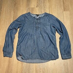 Talbots Petites Chambray Tencel Lyocell Lace Up Blouse Top Lightweight‎ Blue EUC